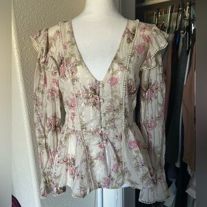 ASOS Cream Floral Ruffle Peplum Blouse with Pink Accents